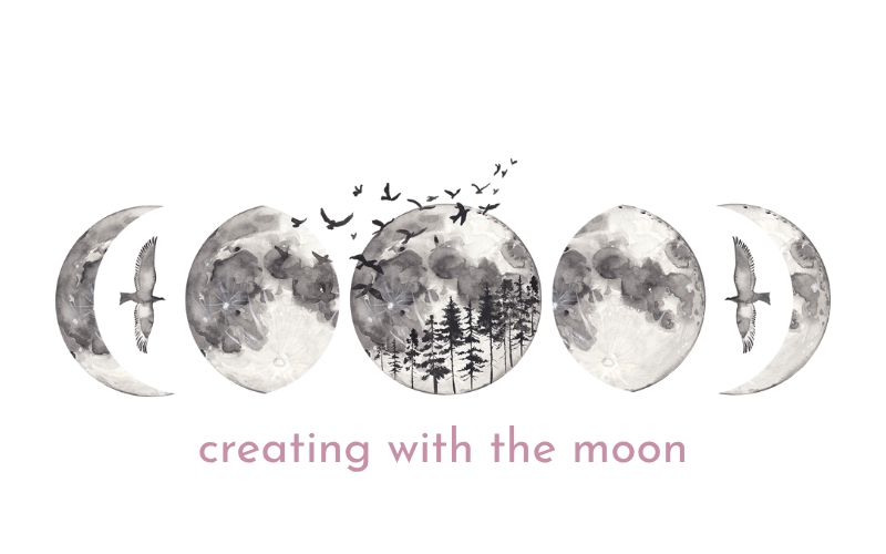 Watercolor-style illustration of moon phases with birds and trees inside the full moon, featuring the phrase ‘creating with the moon’ in soft pink text beneath the design.