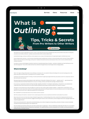 Tablet screen featuring the WordAgents article “What is Outlining? Tips, Tricks & Secrets from Pro Writers,” with illustrated header and article content displayed.