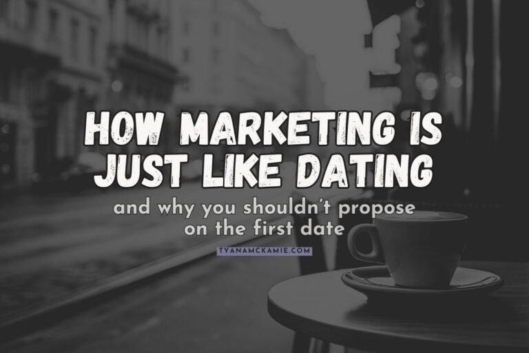 Marketing blog post banner featuring white typography that reads 'How Marketing Is Just Like Dating and why you shouldn't propose on the first date' with website URL tyanamckamie.com, overlaid on a moody black and white photograph of a coffee cup on a cafe table.