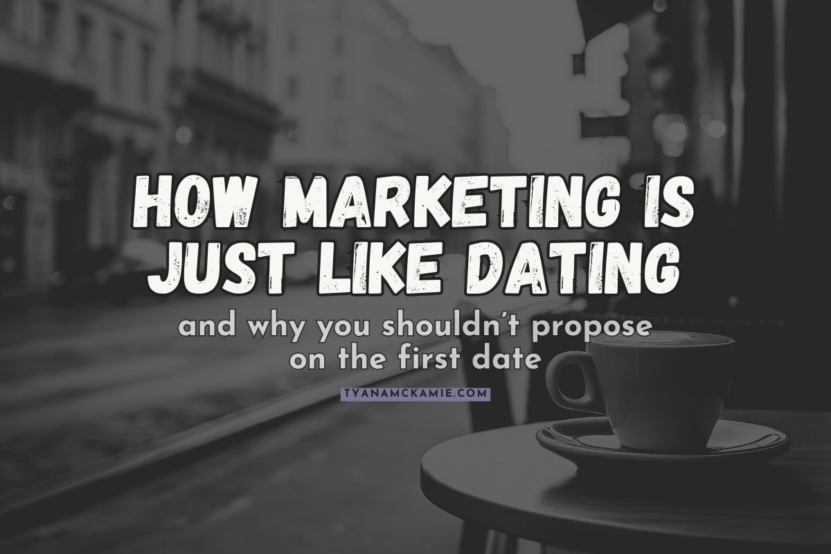 Marketing blog post banner featuring white typography that reads 'How Marketing Is Just Like Dating and why you shouldn't propose on the first date' with website URL tyanamckamie.com, overlaid on a moody black and white photograph of a coffee cup on a cafe table.