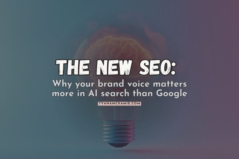 Blog header with pink text "The New SEO: Why your brand voice matters more in AI search than Google" over artistic brain-shaped lightbulb on gradient background
