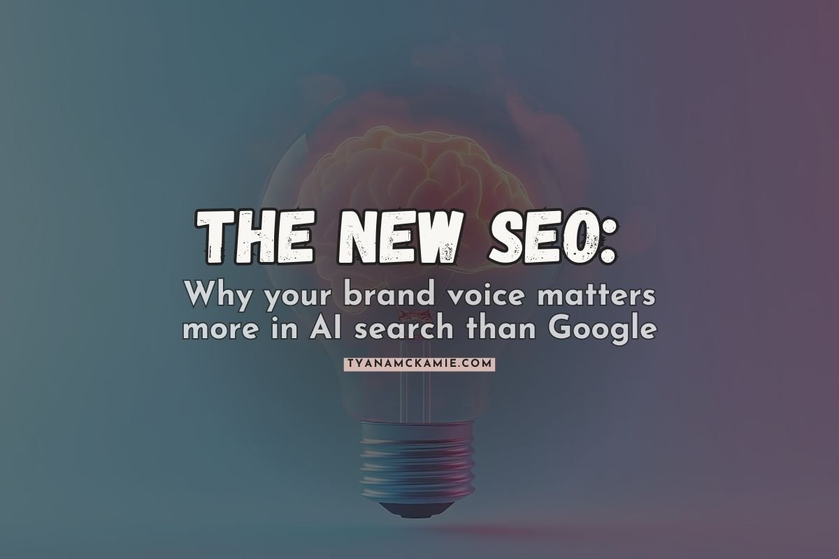 Blog header with pink text "The New SEO: Why your brand voice matters more in AI search than Google" over artistic brain-shaped lightbulb on gradient background