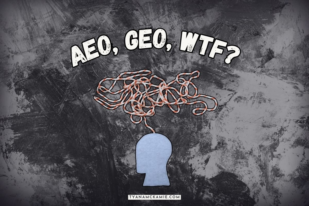 Confused about AEO, GEO, and modern SEO? Illustration of tangled rope emerging from a head silhouette representing SEO confusion.